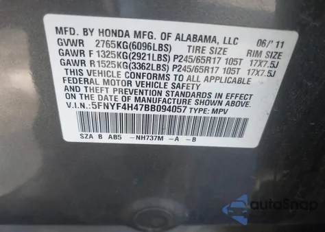 2011 Honda Pilot Ex z USA, uszkodzony, nr VIN 5FNYF4H47BB094057